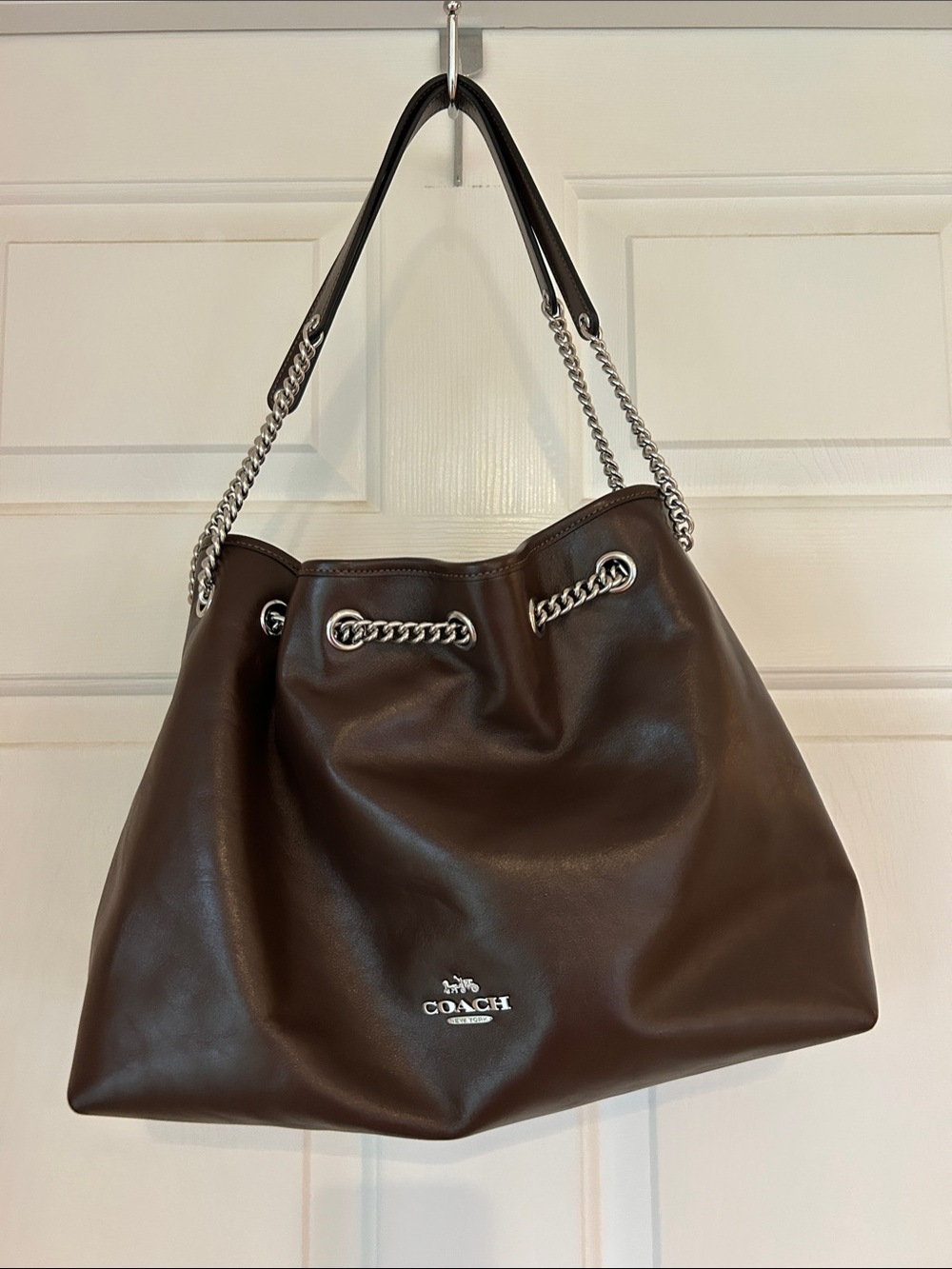 Coach Brown Leather Evelyn Shoulder Bag with Silver Chain